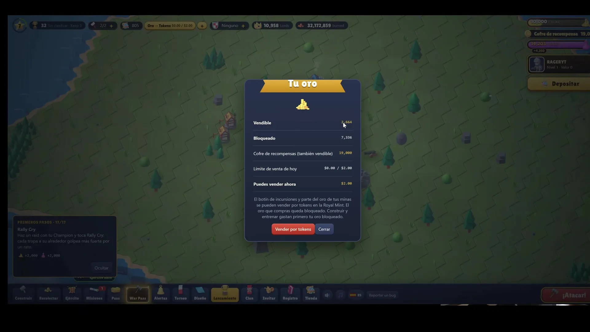 Tampilan layar permainan RaidLords menunjukkan jendela 'Tu oro' yang menampilkan detail emas dan nilai token pemain Tampilan layar permainan RaidLords menunjukkan jendela 'Tu oro' yang menampilkan detail emas dan nilai token pemain