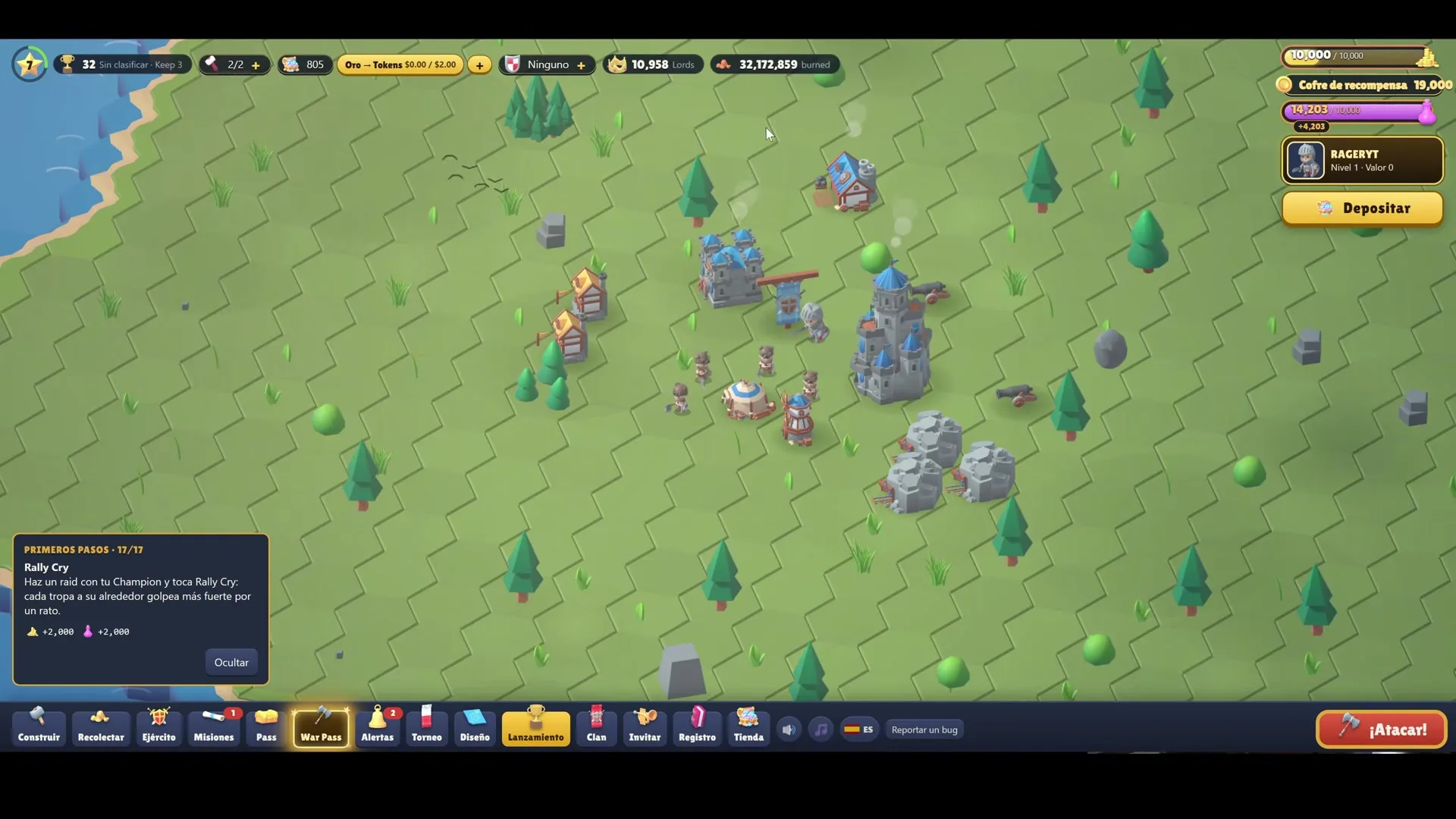 RaidLords menunjukkan markas permainan dengan kastil, menara, dan pohon di lahan berumput dengan UI antarmuka RaidLords menunjukkan markas permainan dengan kastil, menara, dan pohon di lahan berumput dengan UI antarmuka